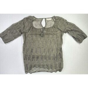 Love And Liberty Embroidered Sheer Blouse Top XS Green Boho Lace Crochet Floral